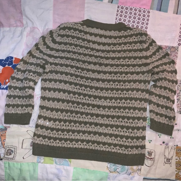 olsen Green and Cream knit Sweater 100% cotton L 3/4 sleeves‎ - Picture 5 of 10